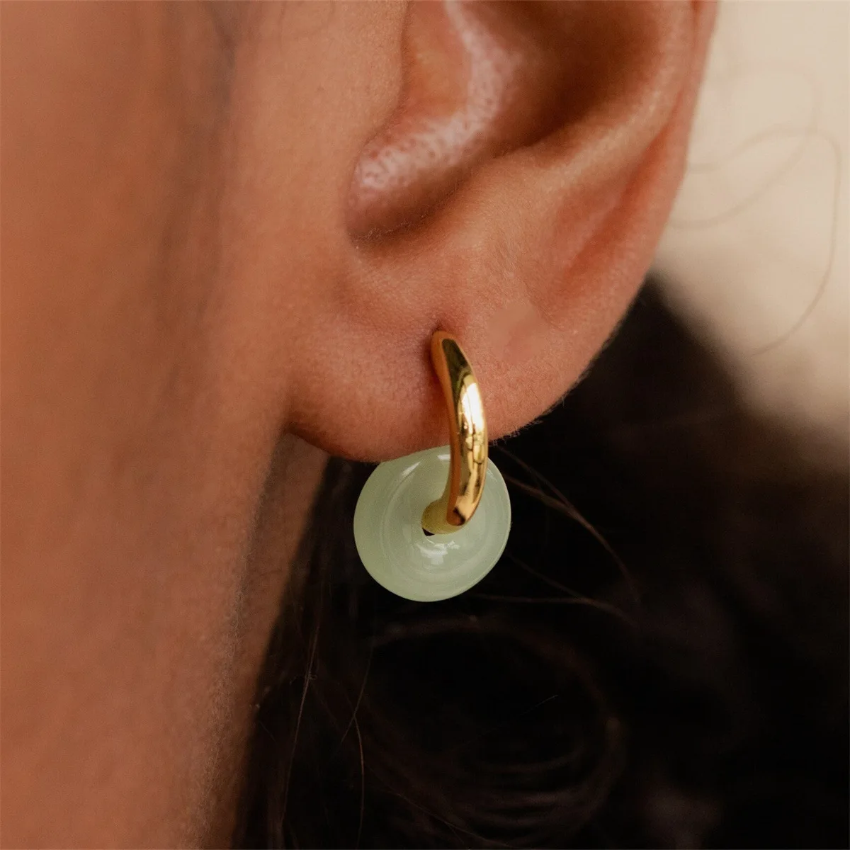 SC Jewelry Light Luxury Green Jadeite Dangle Earrings Small Double Gold Jade Hoop Earrings Fashion Round Jade Earrings For Women