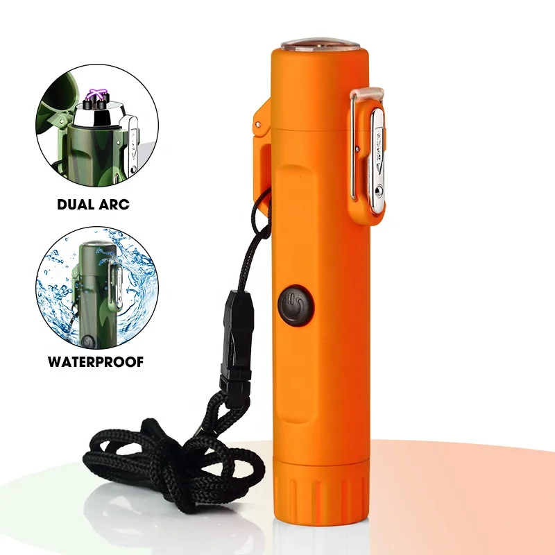 Outdoor Camping  Windproof 2 in 1Waterproof IP56 Flashlight Electric USB Arc Plasma Lighter