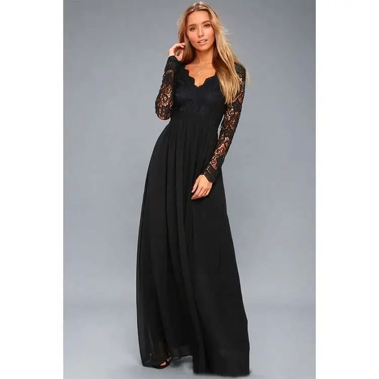 Elegant V Neck Backless Boho Style Bridesmaid Long Lace Sleeve Evening Dress For OEM