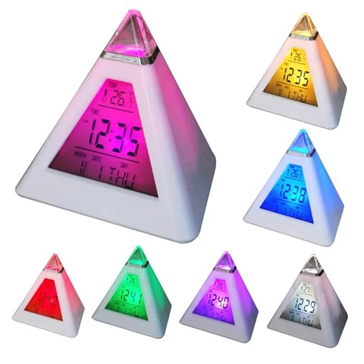 Digital Alarm Clock Triangle Pyramid Home Decoration Electronic Perpetual Calendar Thermometer Colorful Backlight Change Clock