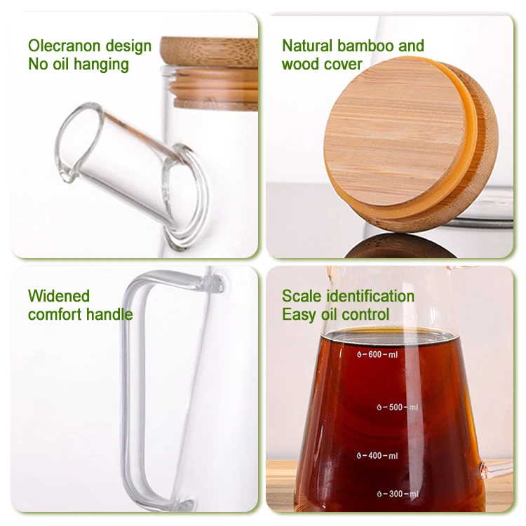 Kitchen 650ml Dispenser Borosilicate Seasoning Bottle Graduated Oil & Vinegar Bottle Pot With Handle Bamboo Wooden Lid