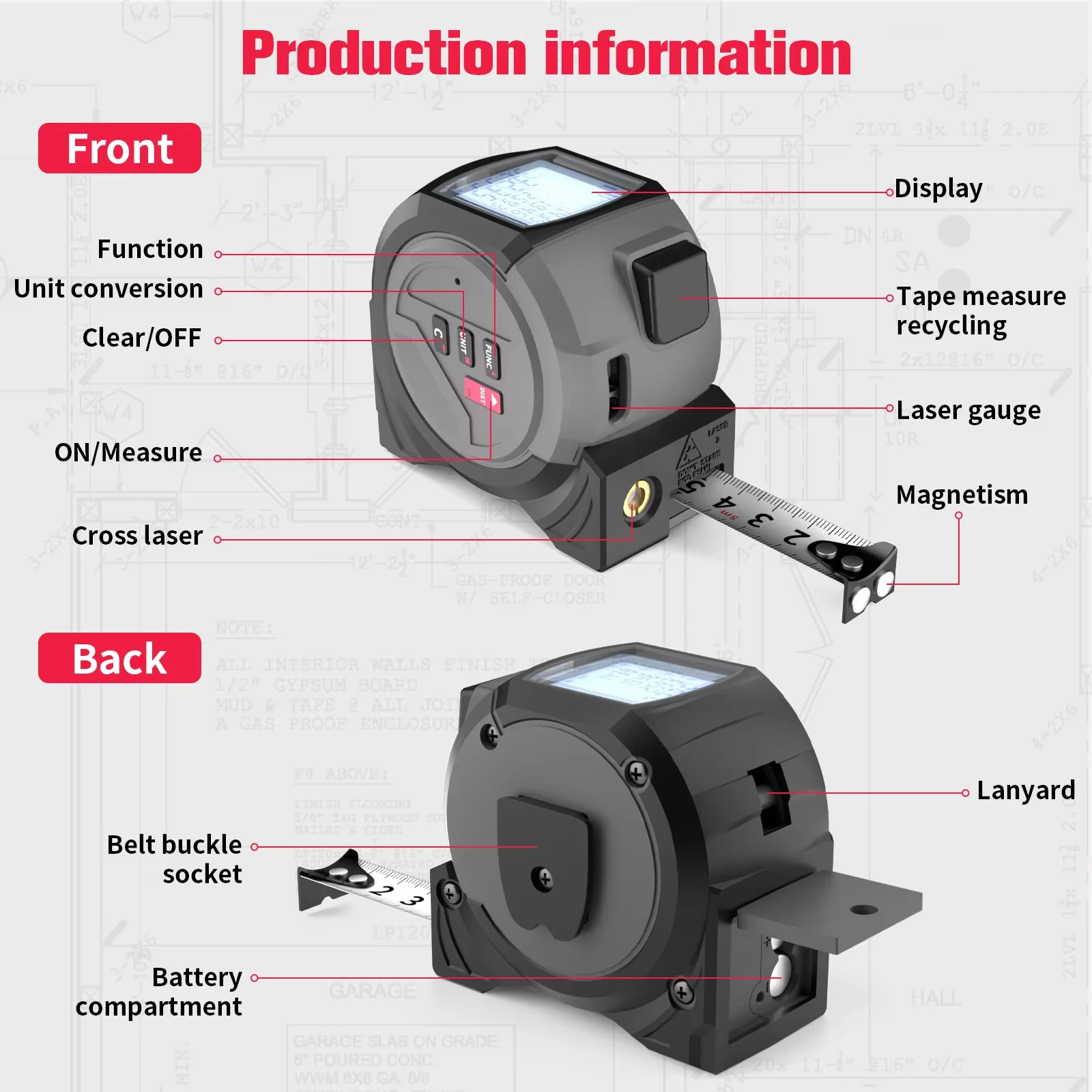 3 in 1 Digital Multifunctional Laser Distance Meters 60m Rechargeable Measurement Tool 5m Laser Tape Measure with LCD Display