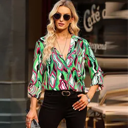 Dear-Lover Western Fashion Woman Abstract Print Roll-tab Sleeve Chest Pocket Shirt Ladies Tops