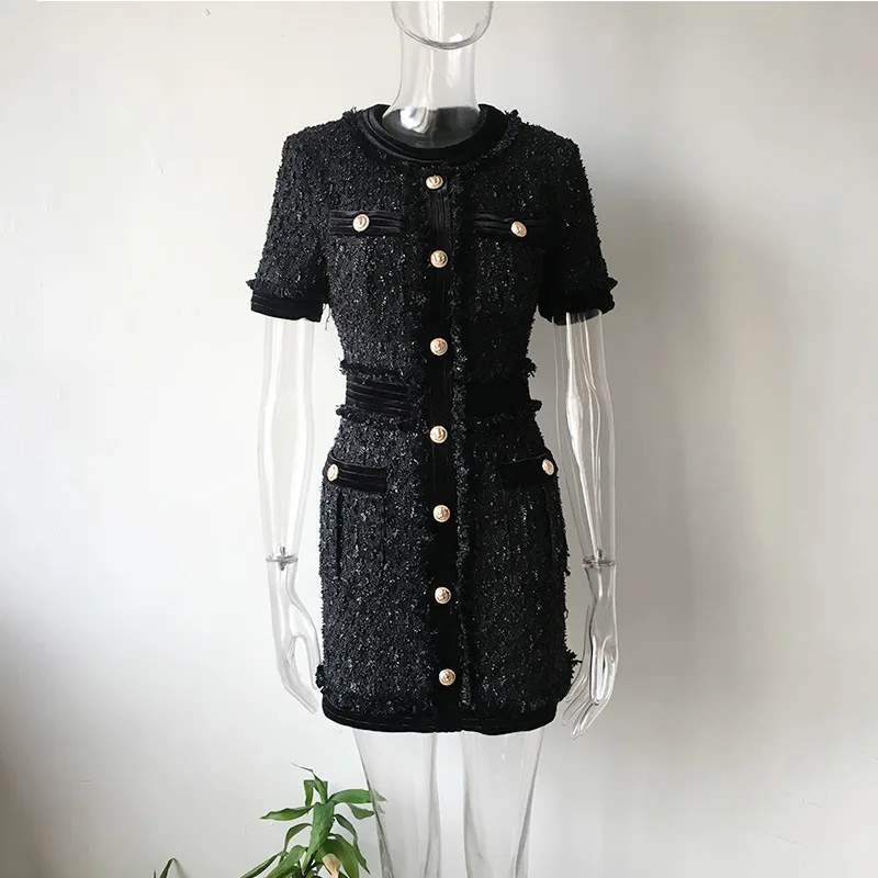 Luxurious Designing Elegant Lady Short Sleeve Buttons Bling Bling Black Thick Tweed Short Sheath Casual Women Dress