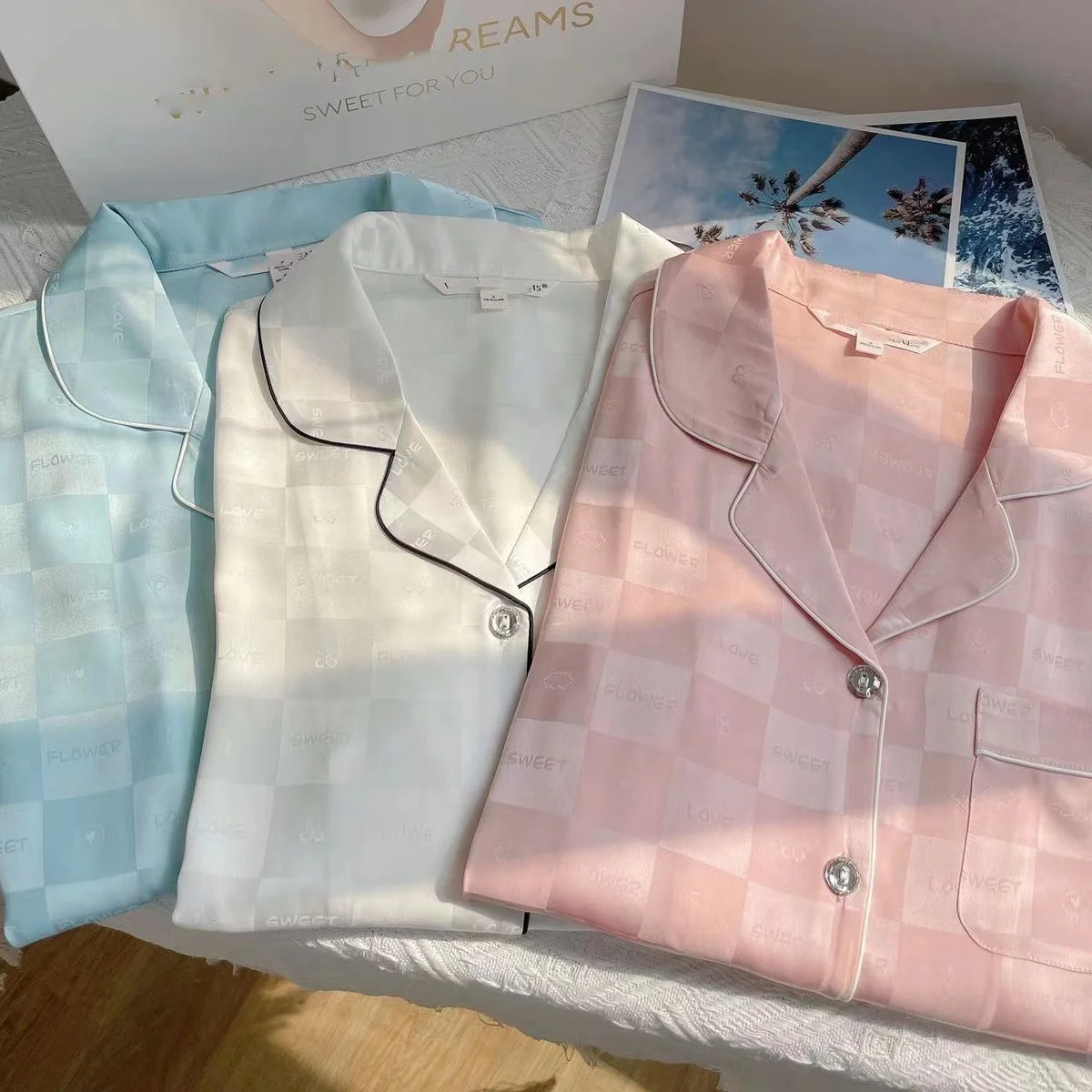Cheap Two Pieces Silk Satin Long Sleeves Pajamas Set Jacquard Ice Silk Home Wear Clothing Fashion 2pcs Sleepwear for Women