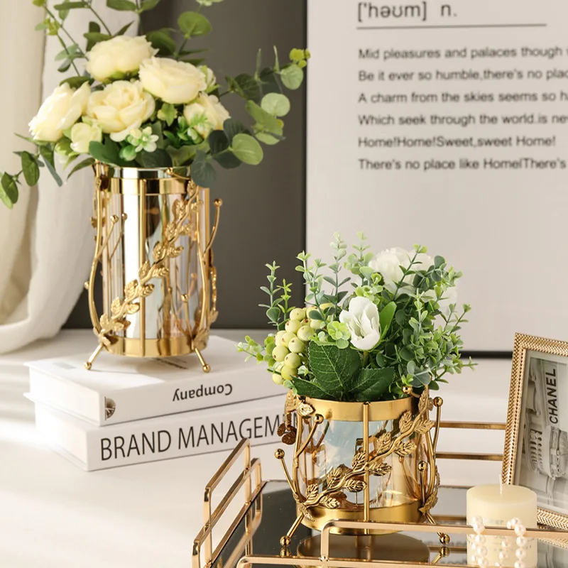 NISEVEN Home Wedding Decoration Supplies Luxury Brass Color Flower Branch Shape Metal Glass Flower Vases