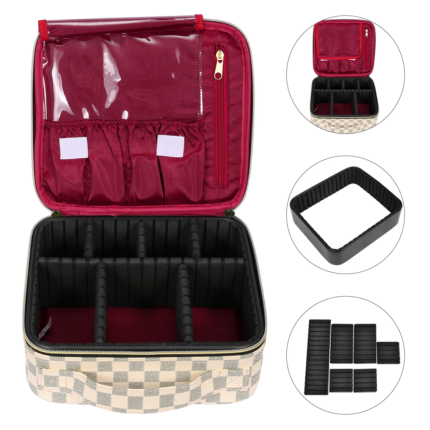 Larger Capacity Water-resistant Brown Checkered Travel Cosmetic Bag Travel Organizer Toiletry Makeup Storage Bag For Ladies