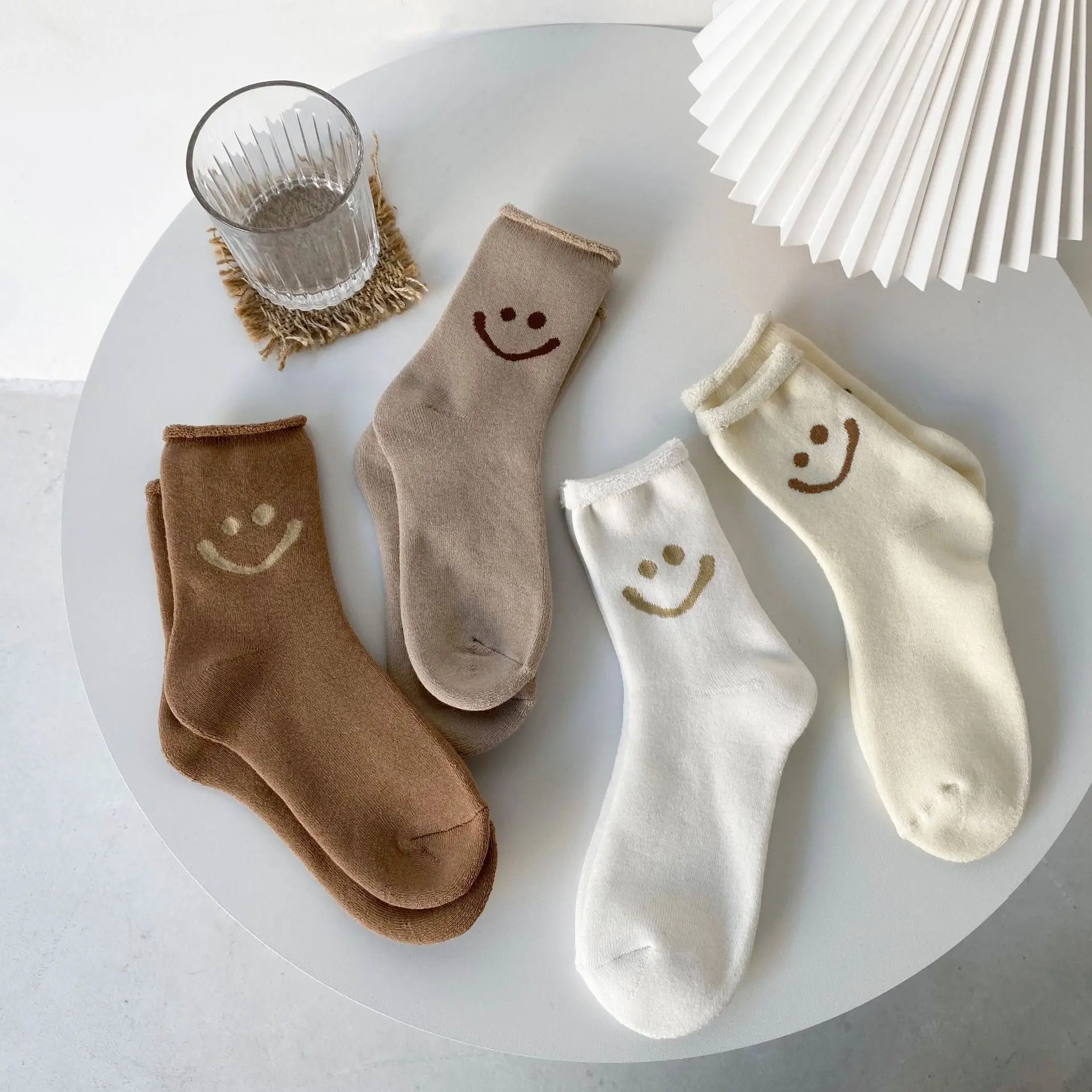 Autumn Winter Wool Warm Floor Socks Lovely Cartoon Smiling Face Thick Cotton Socks Korean Pure Color Curled Cotton Socks