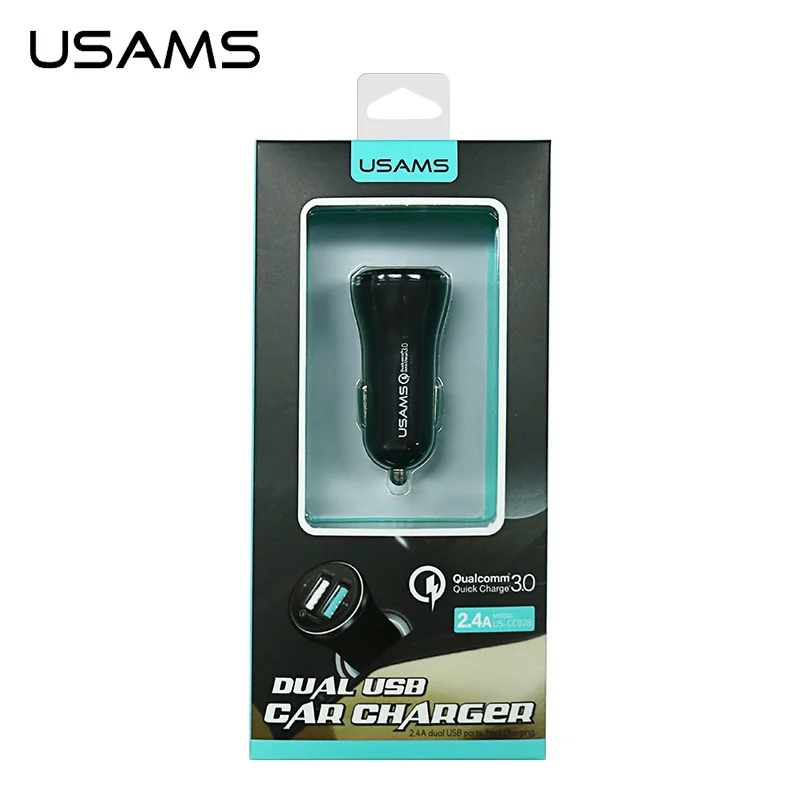 
USAMS US-CC028 QC 3.0 USB Cargador 2.4A 18W Power Delivery Cheap Dual Ports Adapter ABS Car Charger for Android 