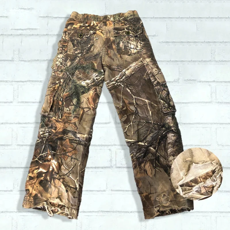 Custom wholesale straight leg ripped digital print utility cargo jeans heavyweight vintage tree camo baggy jeans