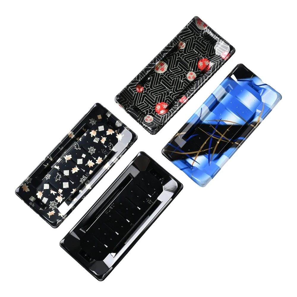 Wholesale customizable Plastic Takeaway Food Packaging Container Black Food Grade Disposable Sushi Boat
