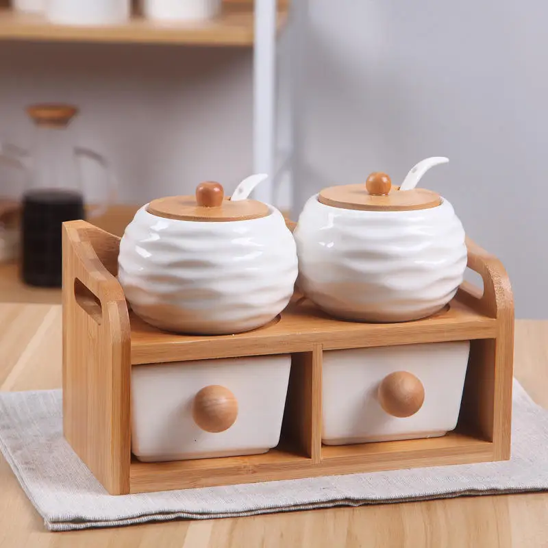 2 Tier Ceramic Cheap Spice Jar Set Seasoning Box Kitchen Salt Sugar Container with Bamboo Stand Rack