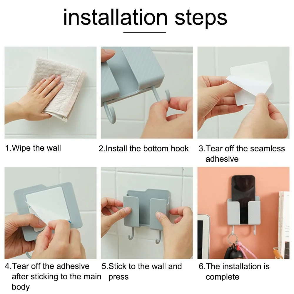 Wall Mounted Remote Control Holder Mobile Phone Storage Organizer Home Plastic Rack With 2 Hooks