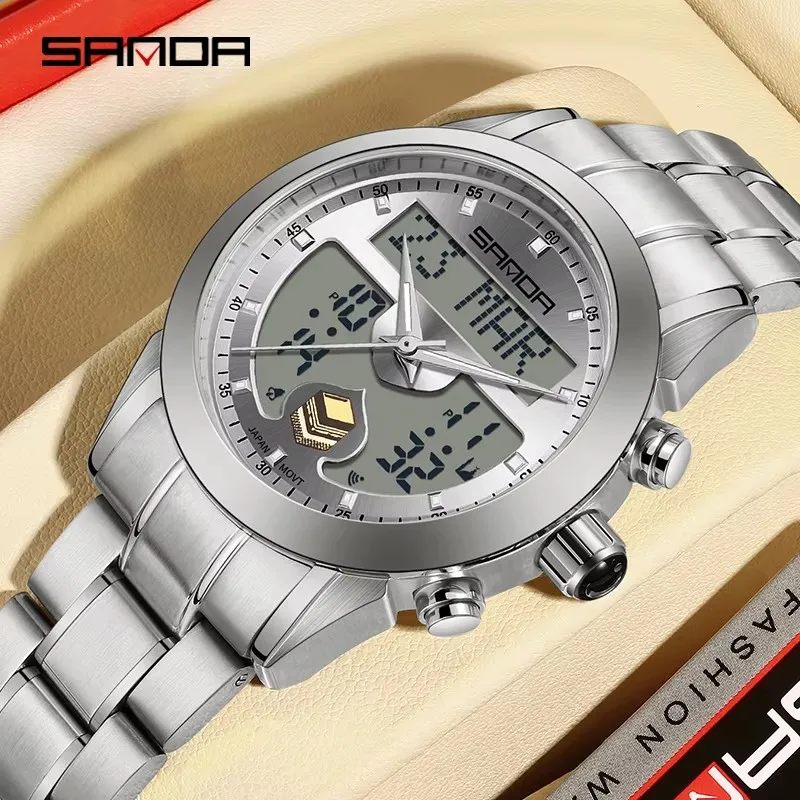 SANDA 6204 Men Quartz Watches Fashion Elegant Arabic Tidal Direction Indication Trendy Chronograph Stainless Steel Strap Watches
