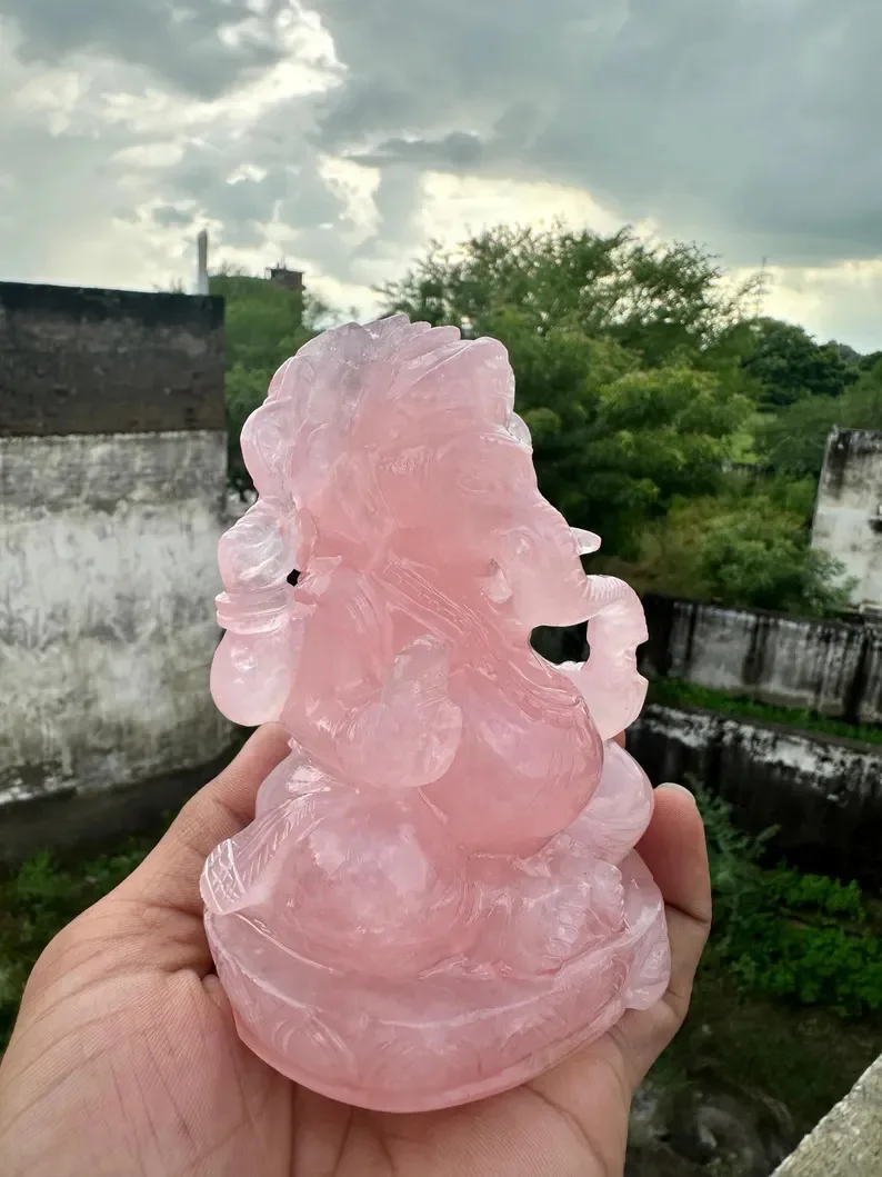 Exquisite Hand Carved GANESH Statue Natural Rose Quartz Gemstone Material Semi-Precious Stone Crafts Exquisite Craftsmanship