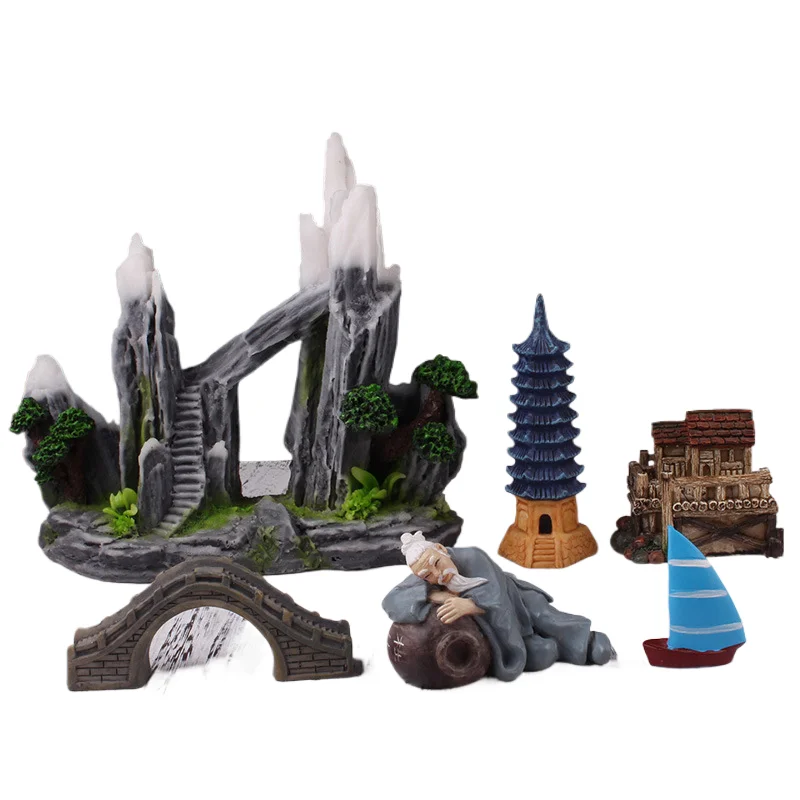 quyingqiu resin aquarium fish tank landscape decoration set rockery 29072908 straw house drunk Weng pagoda