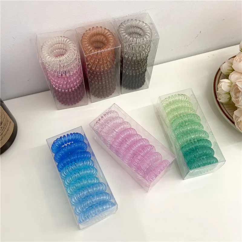 Factory Wholesale 9pc/pack lucency elastic telephone cord spiral hair ties coil plastic hair band headband