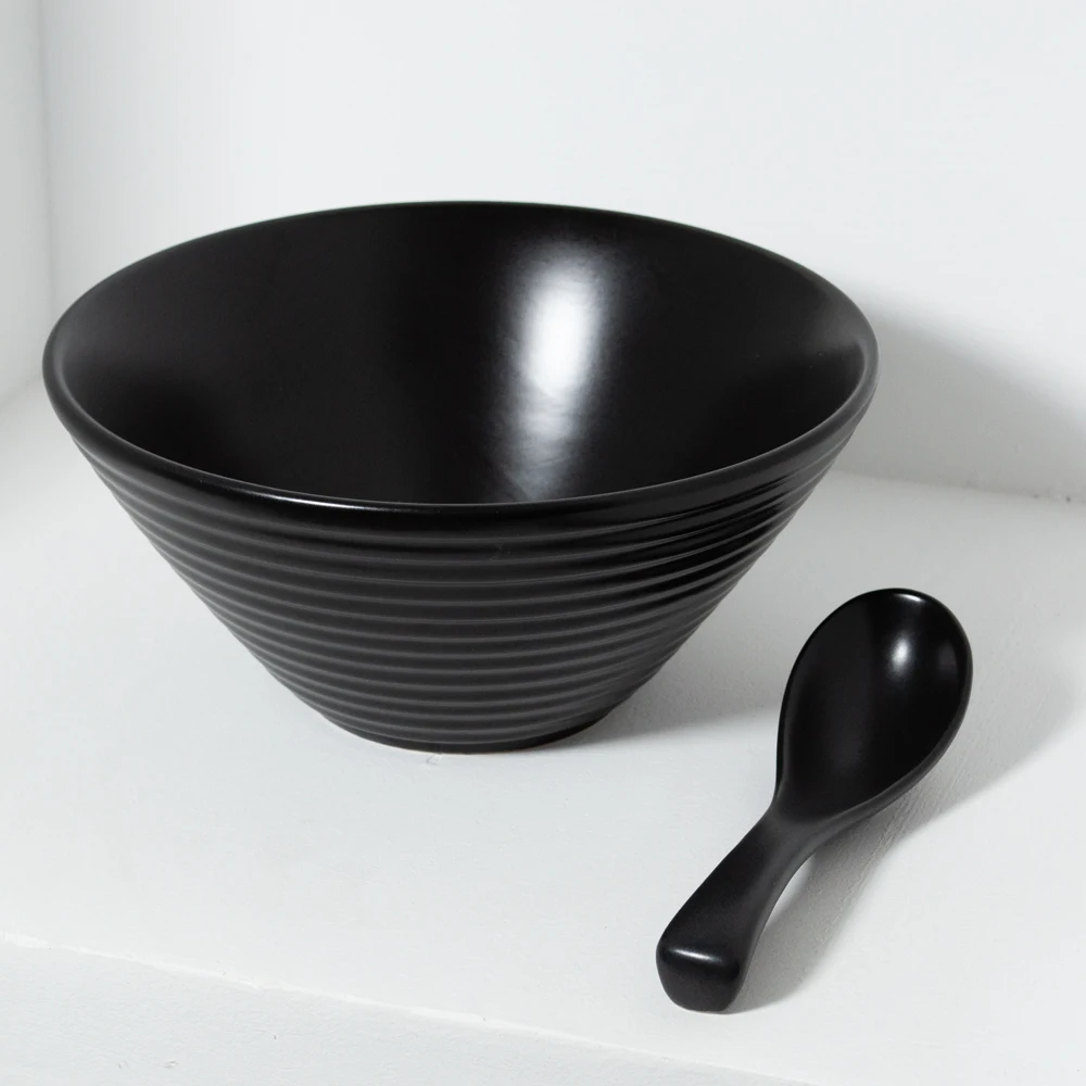8-дюймовая керамическая винтажная миска рамен с ложкой большая для супа лапшой ложками азиатского Фо-удон соба черный матовый