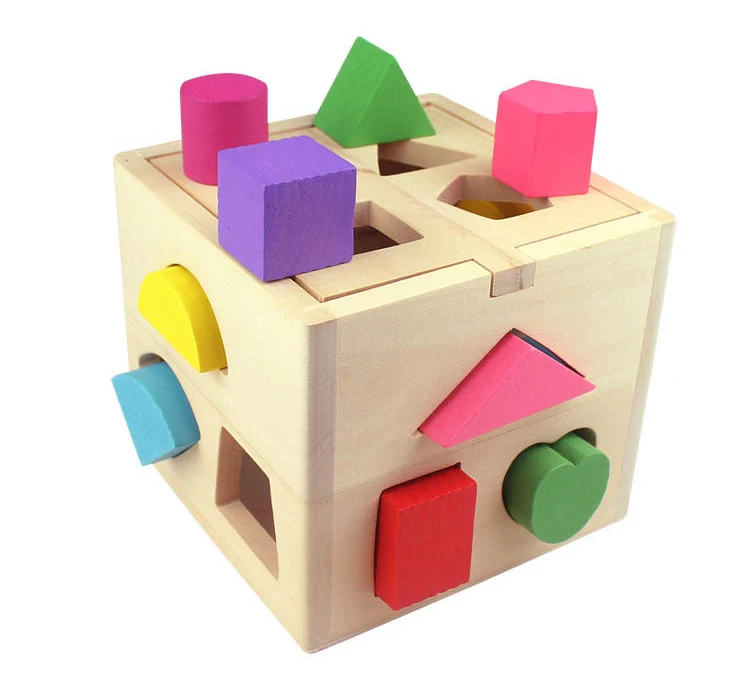 Wholesale montessori 13 holes intelligence box wooden activity cube geometric shape blocks toy for kids