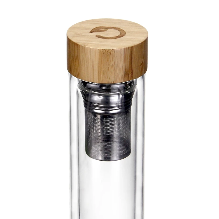 Personalized BPA-free Drinking Insulated 450 ml Double Wall Borosilicate Tea Fruit Water Glass Bottle with Infuser Bamboo Lid