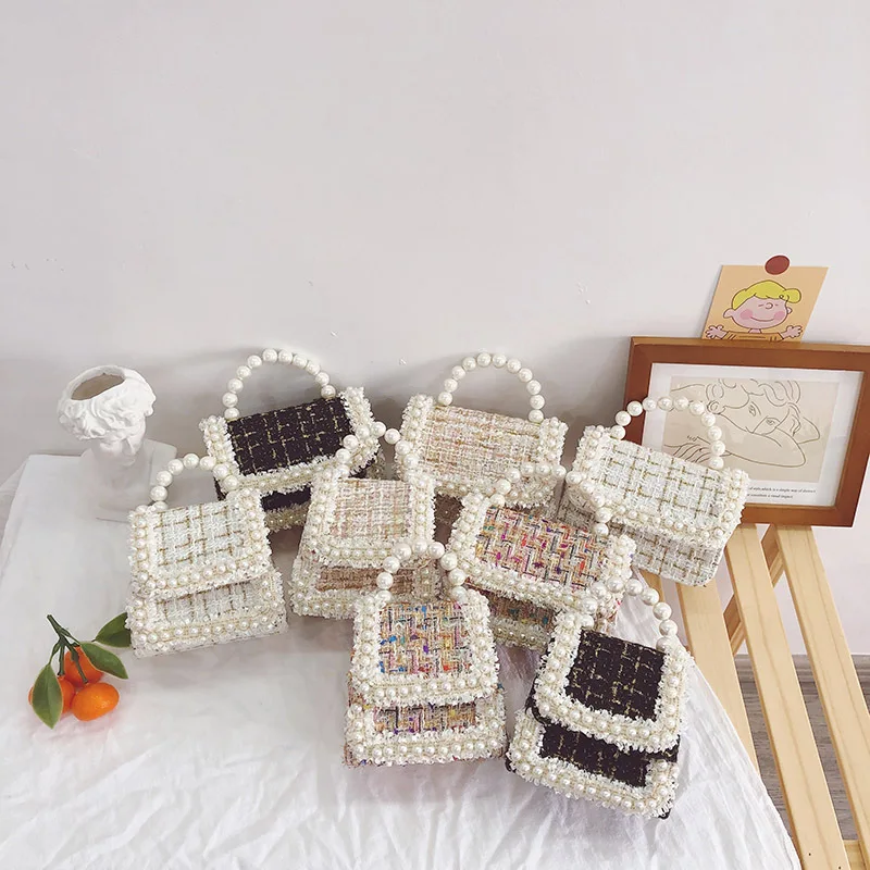 Роскошные плетеные сумки через плечо для женщин, зимняя твидовая шерстяная сумка-тоут с жемчугом, маленькие дизайнерские сумки с цепочками, женские сумки-мессенджеры