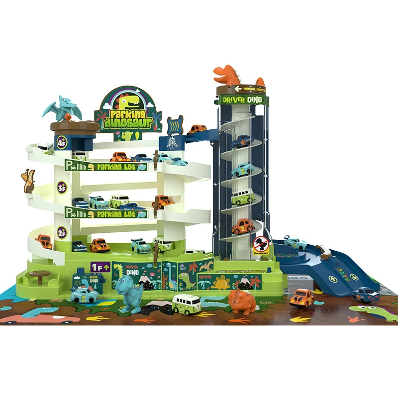 QS Toy DIY Selfassembly Multi-layer Revolving Elevator Rail 5 Storey Parking Lot Building Slot Track Car Racing Toy With Car