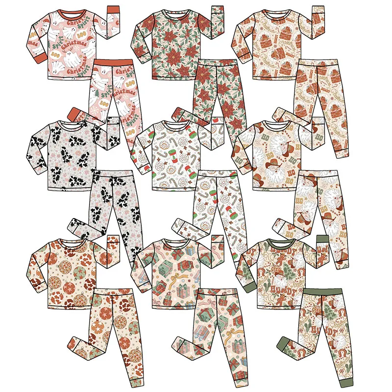 Wholesale Children clothes Custom Howdy retro Western Christmas prints 95 viscose 5 spandex Two pieces bamboo pajamas sets