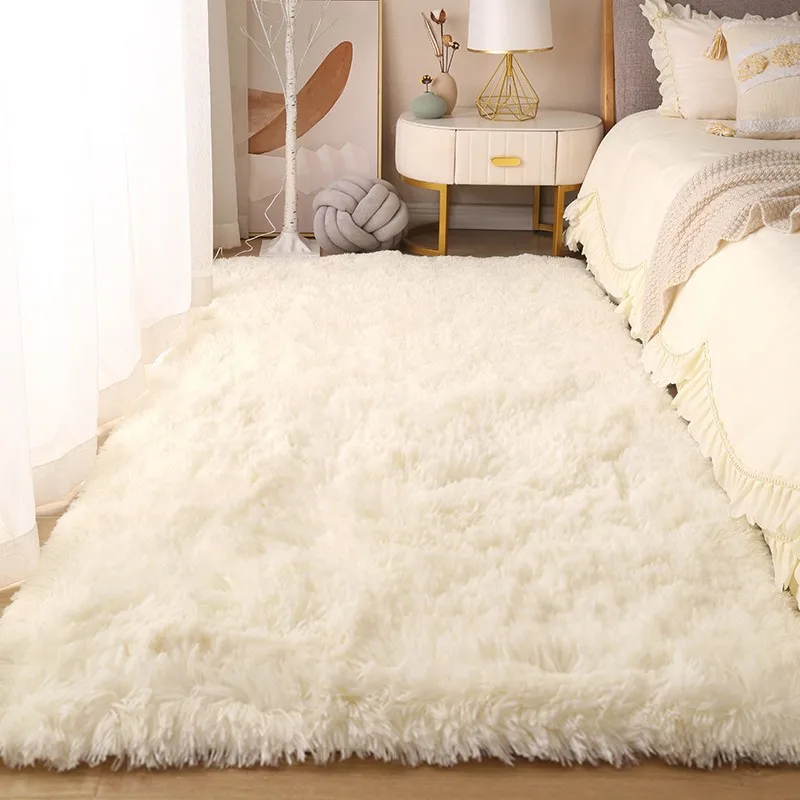 Living area carpet, fluffy and super soft, luxurious faux fur carpet with long hair on the headboard