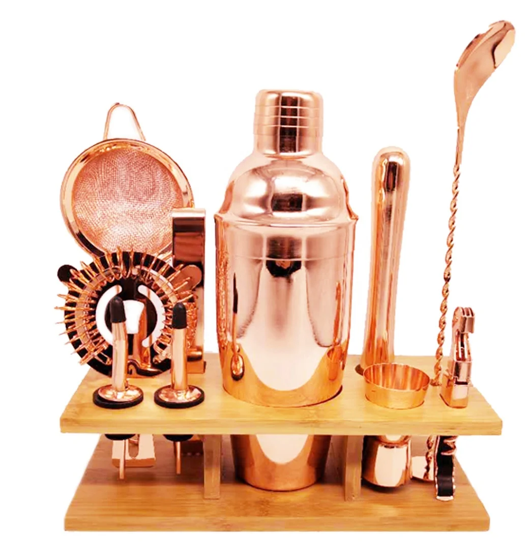 Amazon hot sale rose golden bartender kit bamboo stand bar tool cocktail shaker set