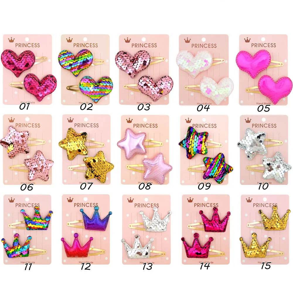 Wholesale Gold Colorful Star Heart  Crown  Bobby Pins Cute Sequin Hair Clips Accessories For Kids Girls