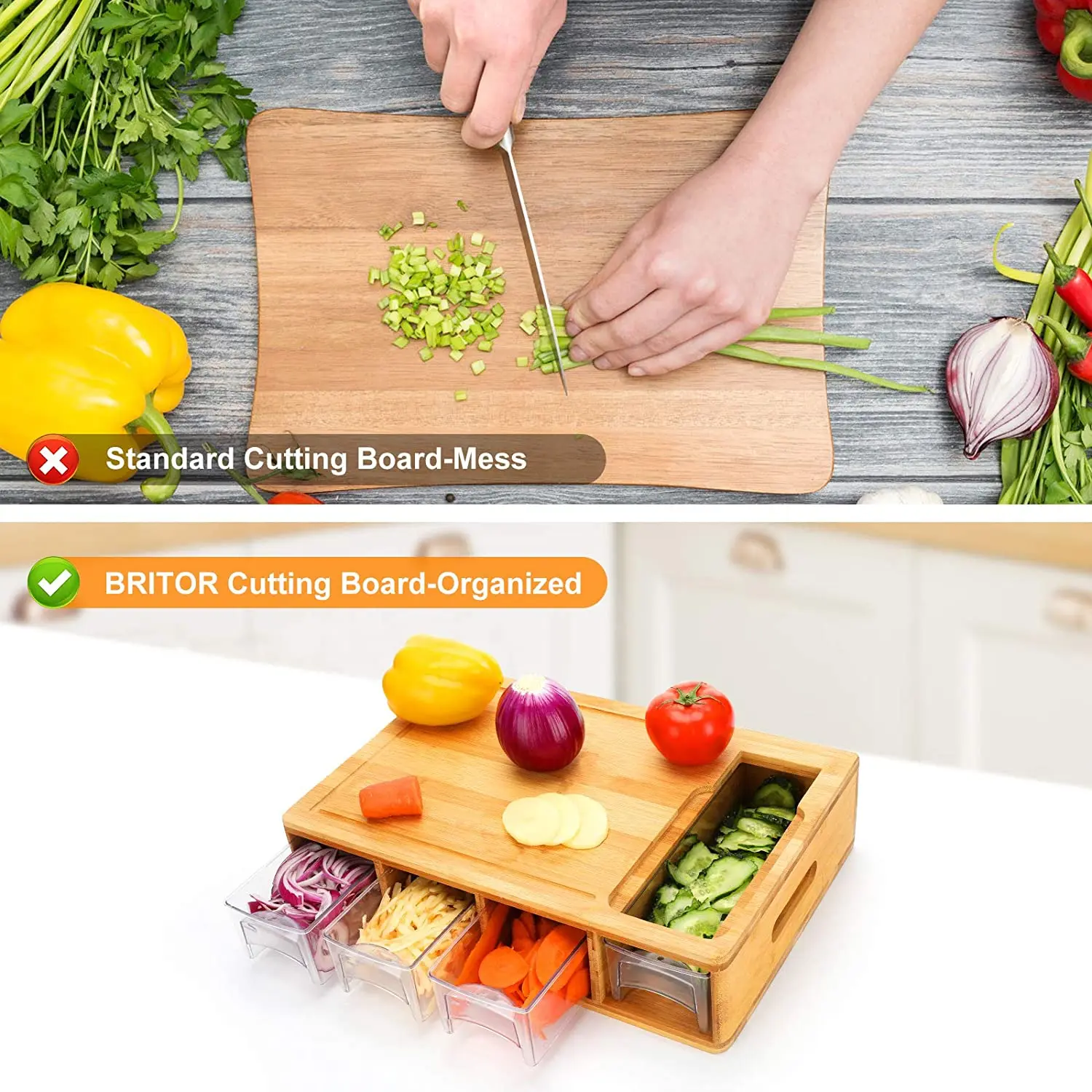 Kitchen Bamboo Chopping Cutting Board With Containers Block Cutting Board Tray Set With Juice Groove