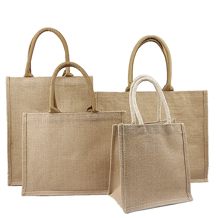 Custom printed  jute bag with logo reusable tote shoulder burlap jute grocery bag for  women shopping