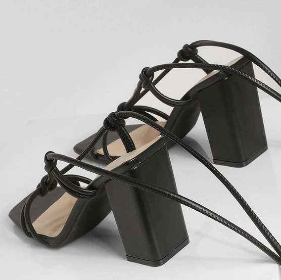Black Wide Fit Strappy Knot Detail Block high Heels wide fit strappy Square toe sexy heels sandals
