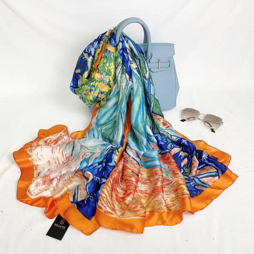 Hot Sale  Women Long Stain Silk Head Scarf Soft High Quality Muslim Shawl  Luxury Stain Silk Scarf Wholesale