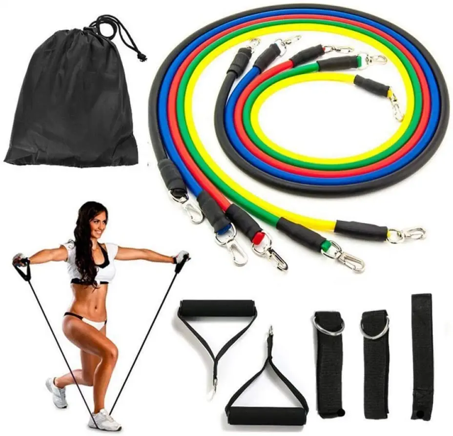 11 Pieces Exercise Fitness Resistance Bands Set Latex Bodybuilding Elastic Pull Rope Strength Training for Pilates, Rehab, Yoga