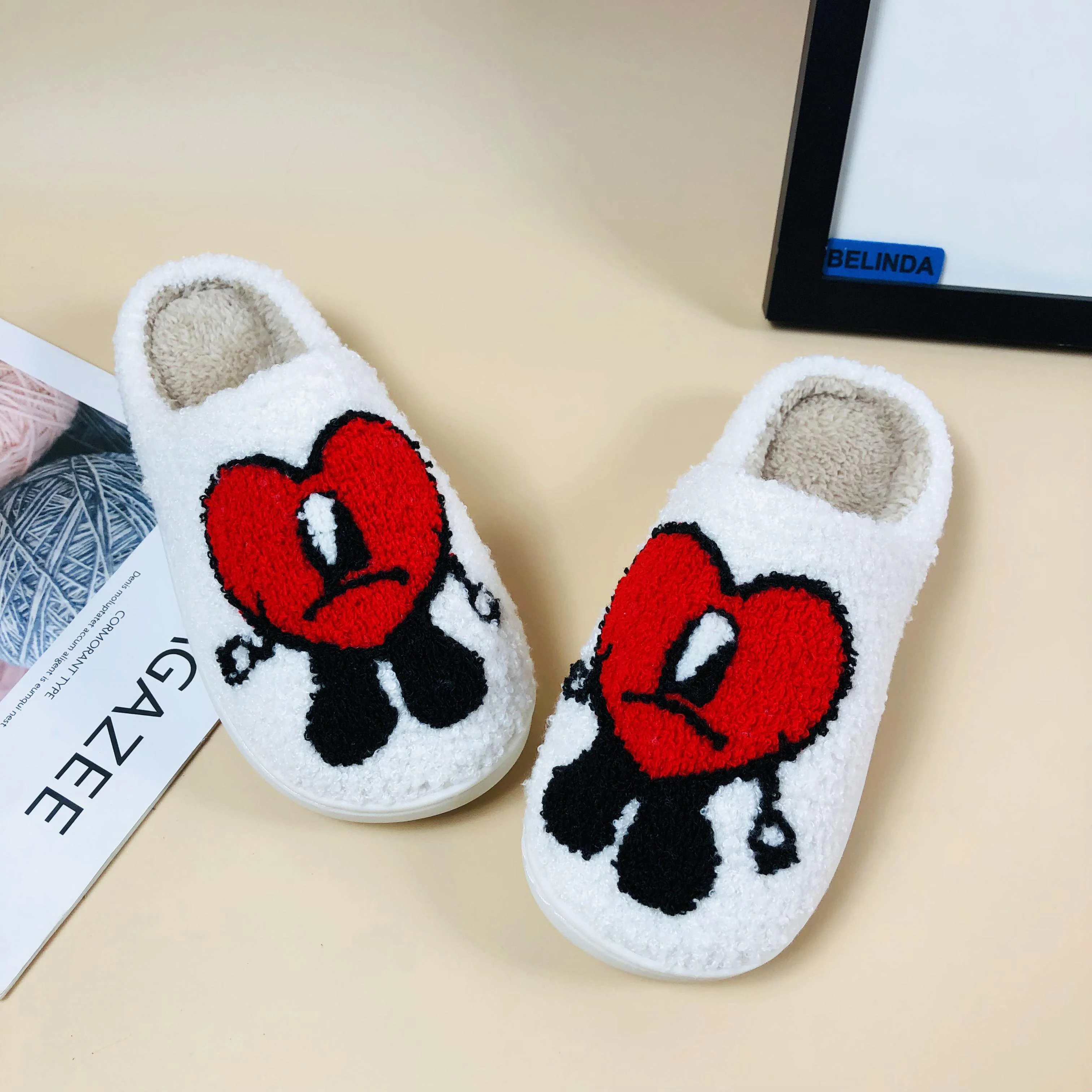 Тапочки женские с крышками и надписью love smile, рождественские плюшевые сланцы с леопардовым принтом, сглаза, смайлик, плохое сердце, кролик