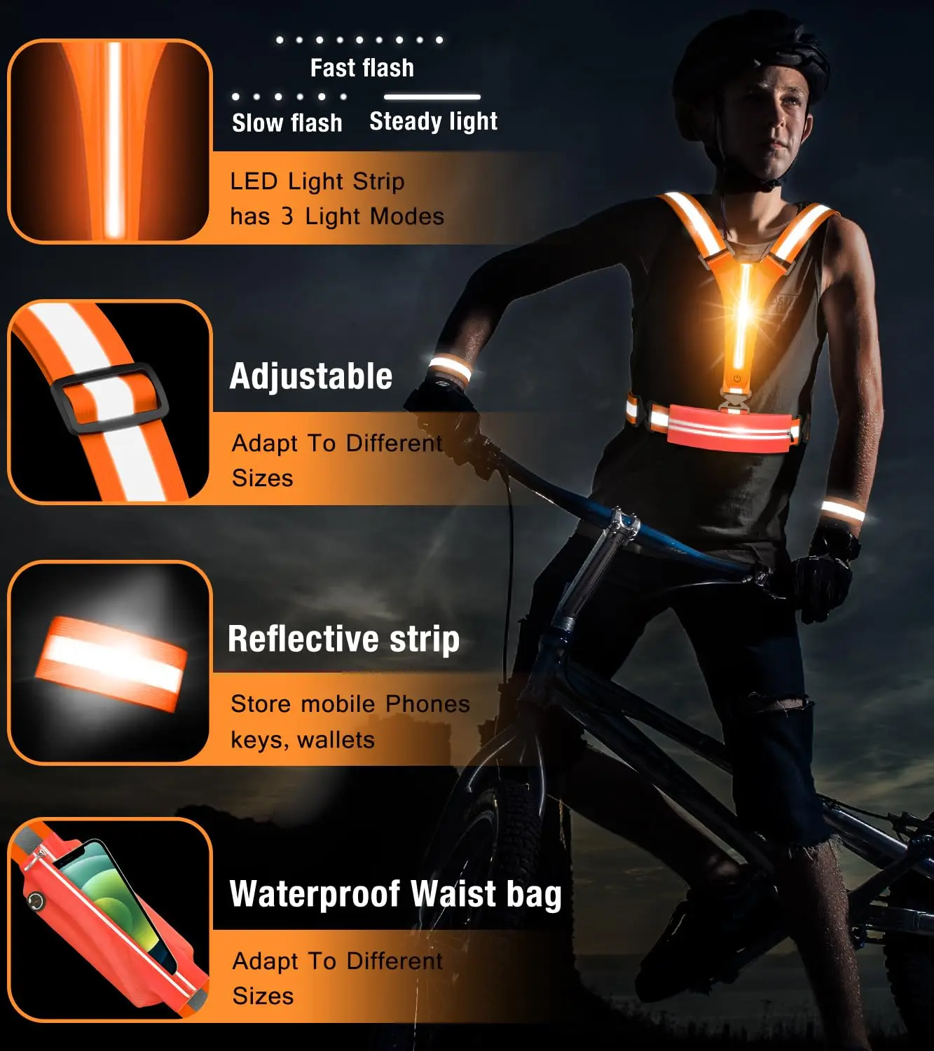 UMIONE LED Reflective Vest Running Gear USB Rechargeable Light Up Running Vest Chest Phone Holder for Runners Night Walking