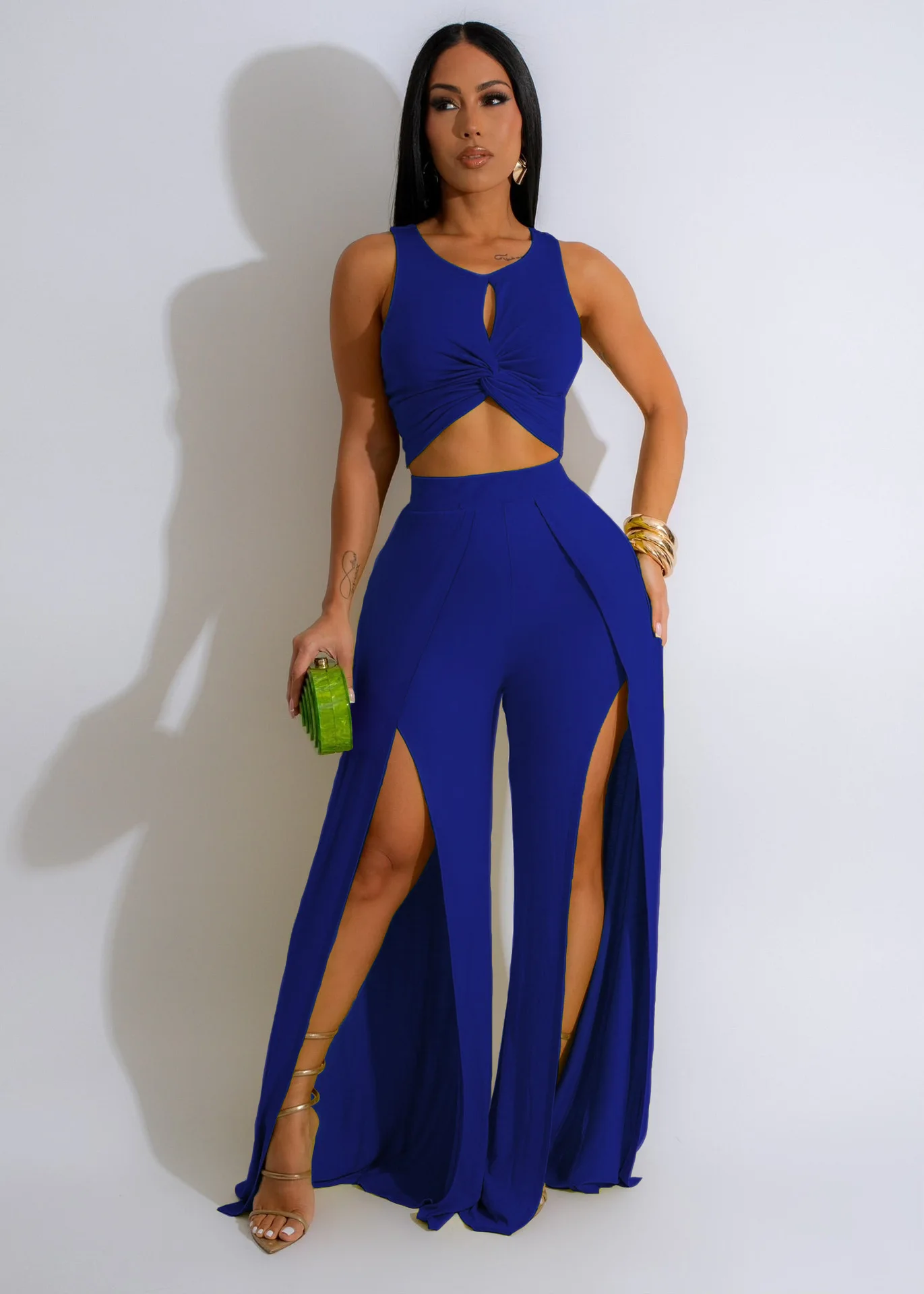 GX468 Fashion Boutique Ladies Street Wear Women Elegant Sleeveless Hollow Out Cropped Top and Split Sexy Pant 2 Piece Set