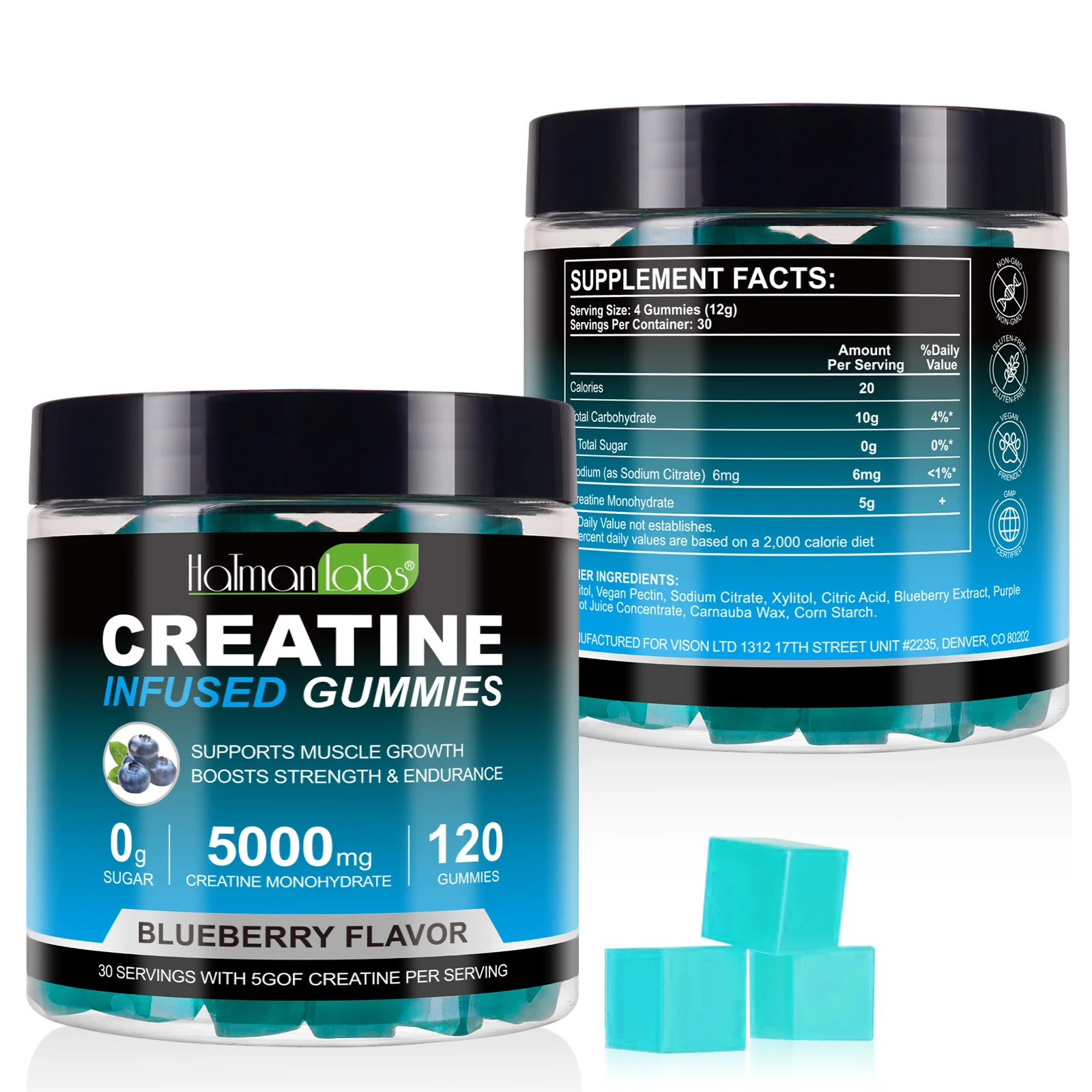 Hatmanlabs blueberry creatine infused gummies gummy creatine bodybuilding soft 5000mg creatine gummies monohydrate