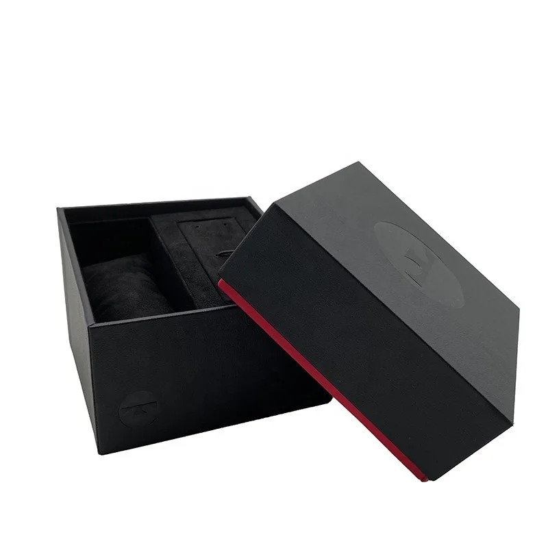 Factory Custom Recyclable Lid and Bottom 2PCS Rigid Cardboard Watch Box Black Leather Strap Box