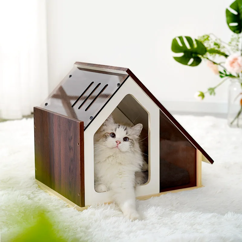 Wooden indoor cat pet house with window. Dog cat bed, modern furniture, kennel crate