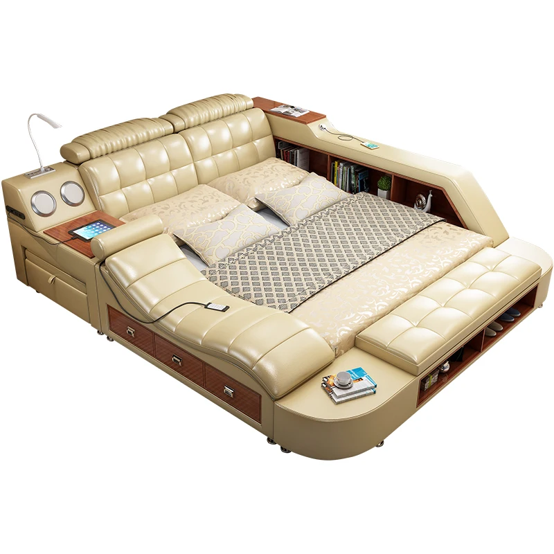 Hot double 1.8 m king Genuine Leather bed  double wedding bed modern simple master bedroom tatami European leather bed furniture