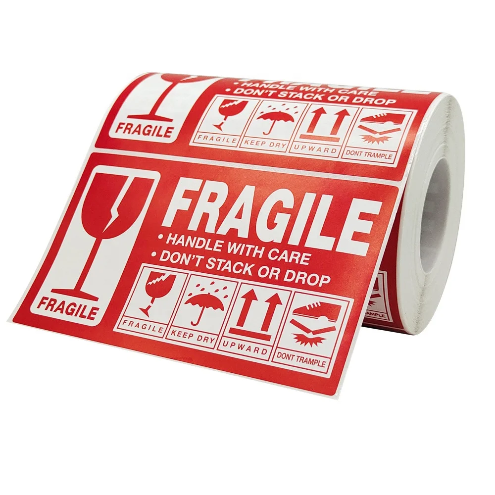 Fragile sticker logo custom self adhesive shipping labels handle with care bright red warning fragile stickers roll autocollant