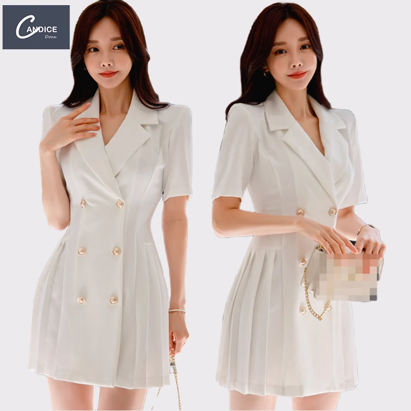 Candice 2023  Korean Suit Collar Double breasted Pleated Professional formal dress blazer womans office dress for ladies