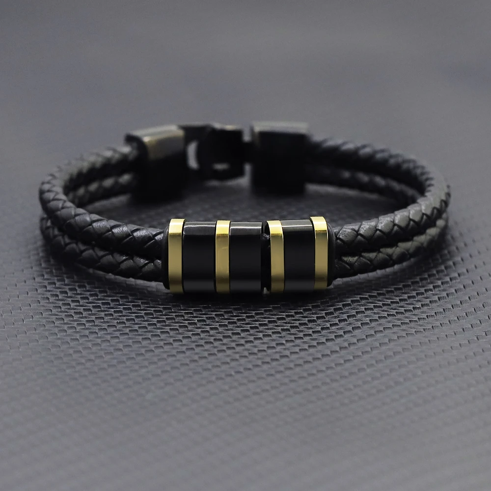 Wholesale Jewelry Customized Multi-Layer Braided Leather Bracelet for Men Stainless Steel Family Name Beads Wedding Party Gift