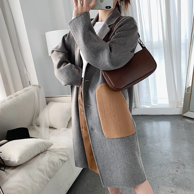 
fashion winter ladies loose single breasted pocket double-sided wool long coat lady casual temperament elegant women coat 