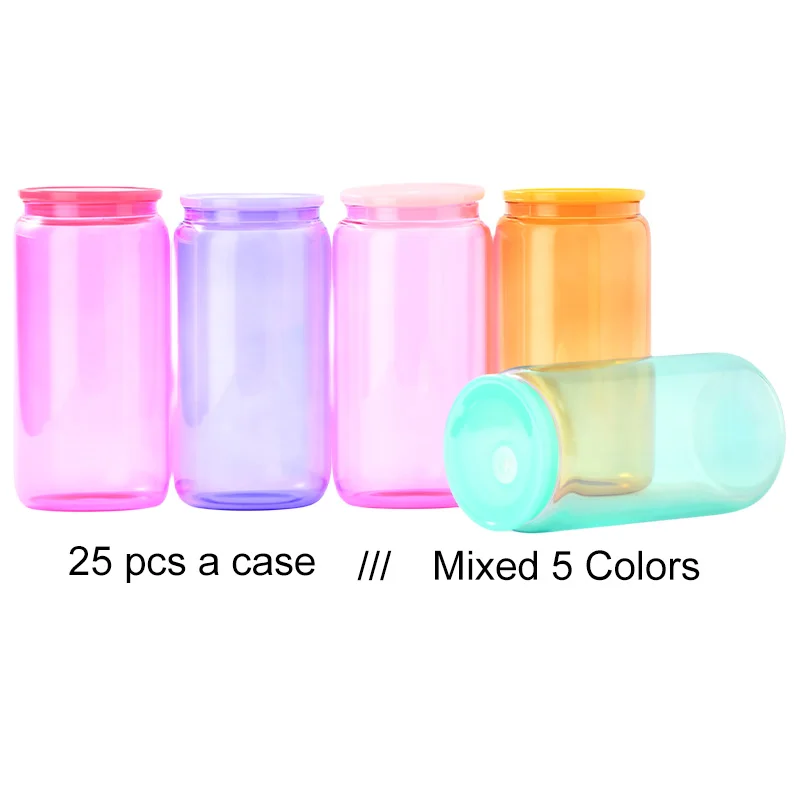 USA Warehouse 16oz Sublimation Clear Glass Mug 16 oz colorful Glass Beer Can With Bamboo Lid And Straws