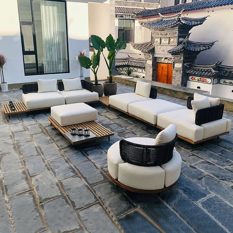 Factory direct sales aluminum outdoor patio furniture teak wood garden lounge rattan sofa set