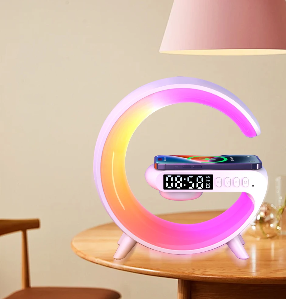 G Shaped Smart Alarm Clock Bluetooth Speaker Wireless Charger LED Digital with Mobile Phone Bracket