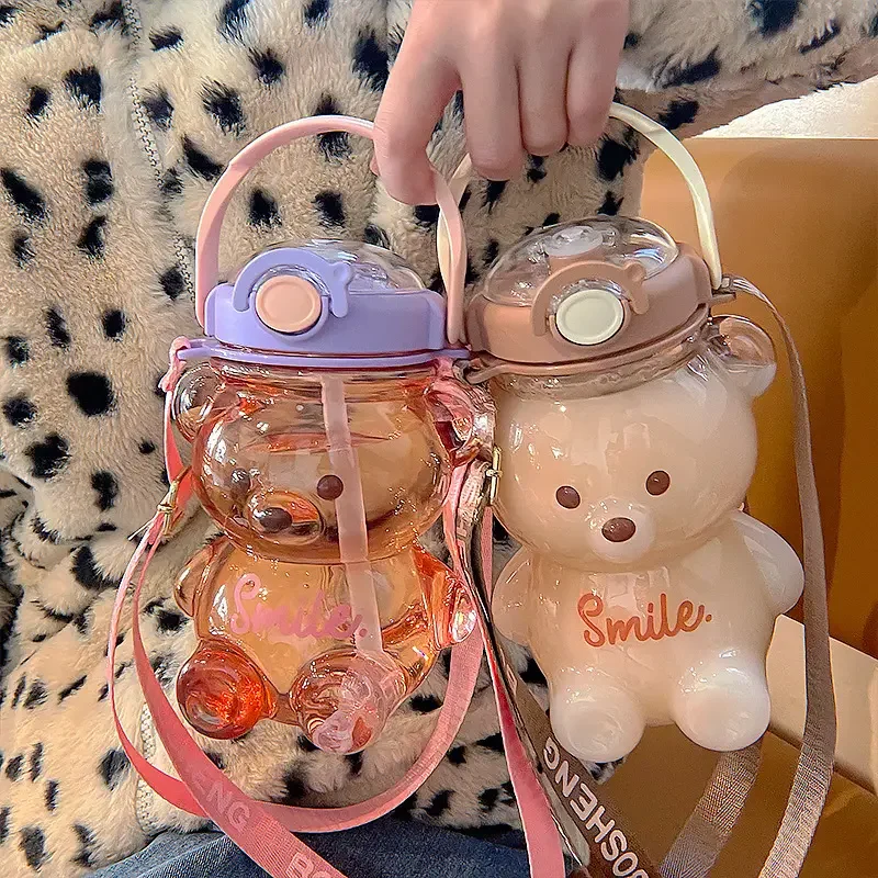 Hot Sale Tiktok Gradient Cute Water Bottle Girls Plastic Cup Gourds Water Bottle Bear Plastic Drink Bottle With Straw and Handle